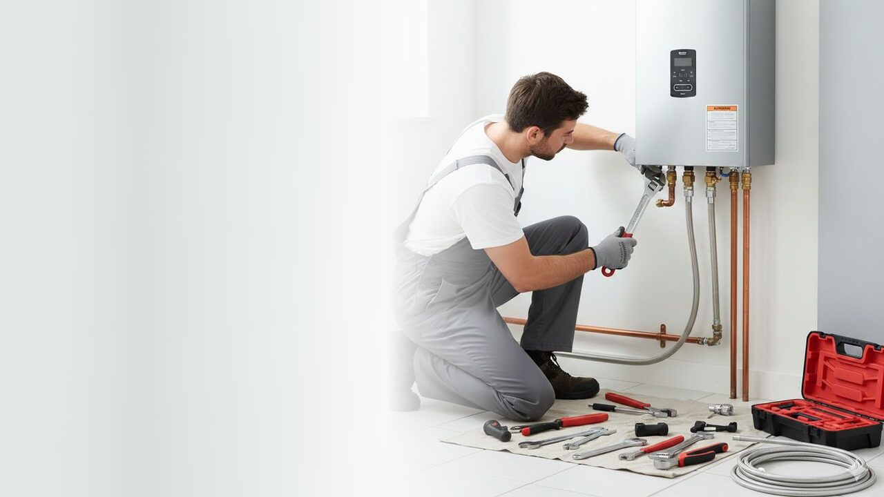 Técnico ajustando las conexiones de un calentador de paso a gas
